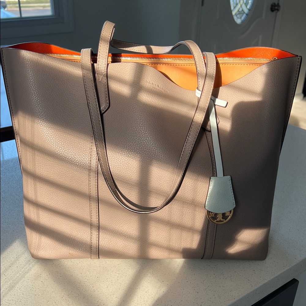 Tory Burch Leather Tote Bag - Taupe with Orange Interior